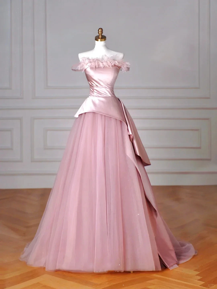 Elegant Feathers Neck Strapless Tulle Satin Ball Gown Pink A Line Prom Evening Dress Y8629 by simplepromdress