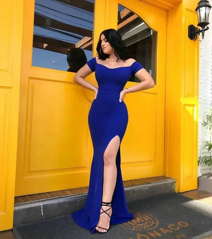Woman in royal blue off-shoulder evening dress with thigh-high slit, ZAPDRESS fashion