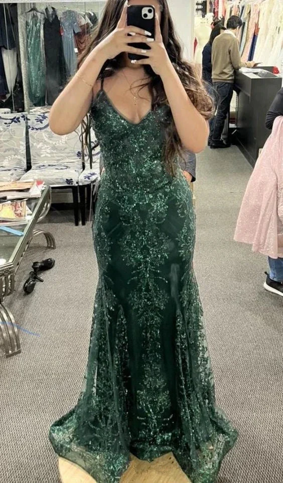 Unique Straps Dark Green Lace Mermaid evening Dress Long Prom Dress Y7878 by simplepromdress