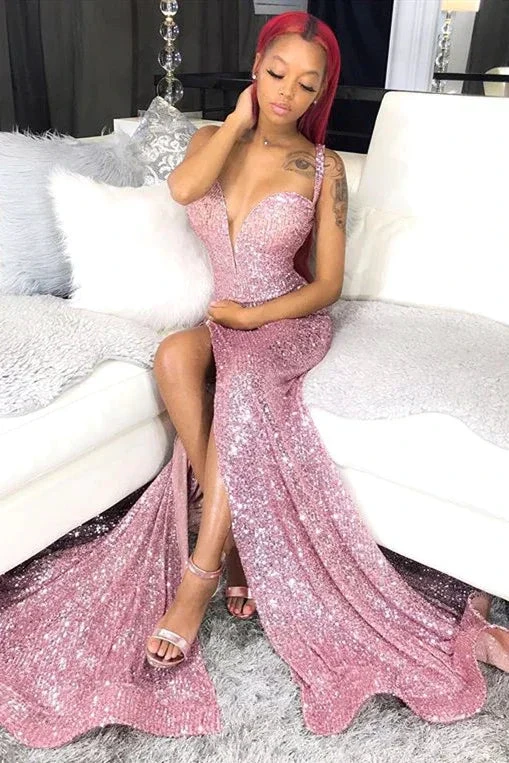 Sequins Pink Prom Dresses Cheap | Mermaid Sexy Slit Formal Evening Gowns Long Y978 by simplepromdress