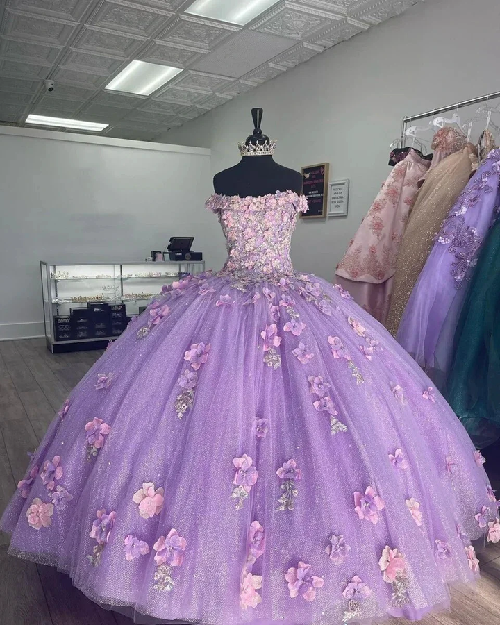 Lavender Applique Off Shoulder Shiny Elegant Tulle Ball Gown 3D Flowers Princess Dress Sweet 15th Y285 by simplepromdress