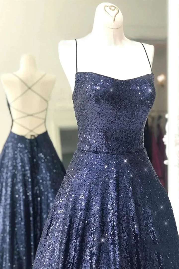 Sparkly Backless Navy Blue Long Prom Dresses Open Back Long Navy Blue Formal Evening Dresses Y875 by simplepromdress