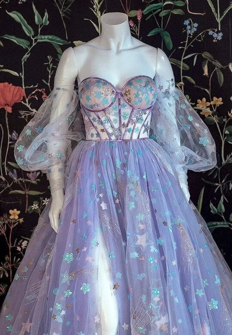 Beautiful Light Purple Tulle Dress Floral Dress Off Shoulder Sweetheart Dress A-line Evening Dresses With Slit Start Applique Long Dress Y932 by simplepromdress