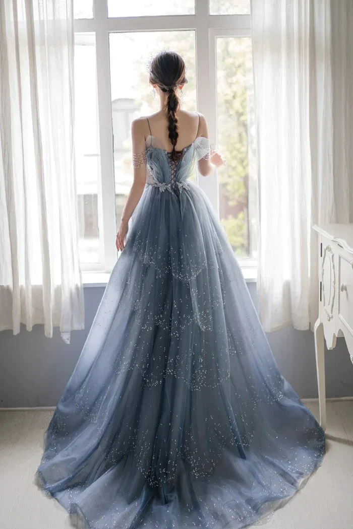 Blue Tulle Beaded Long A-Line Prom Dress, Blue Formal Evening Gown Y1579 by simplepromdress
