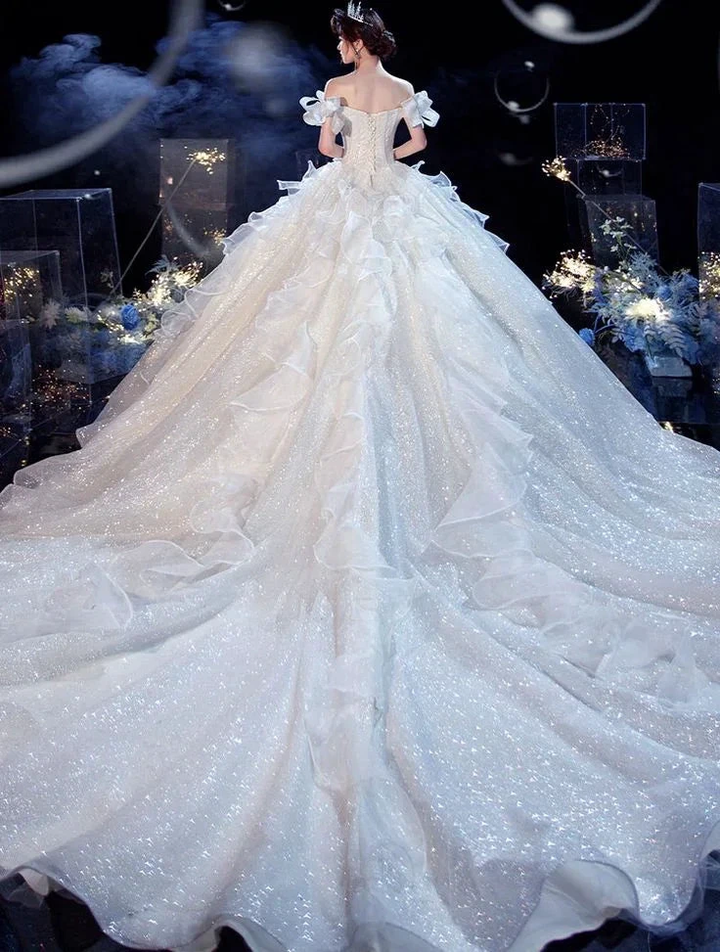 Fairy Romantic Off Shoulder White Wedding Dress Sweep Train Y6878 by simplepromdress