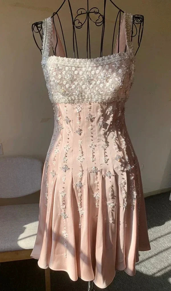 Luxury nude satin hand-beaded diamond homecoming dress Y4542 by simplepromdress