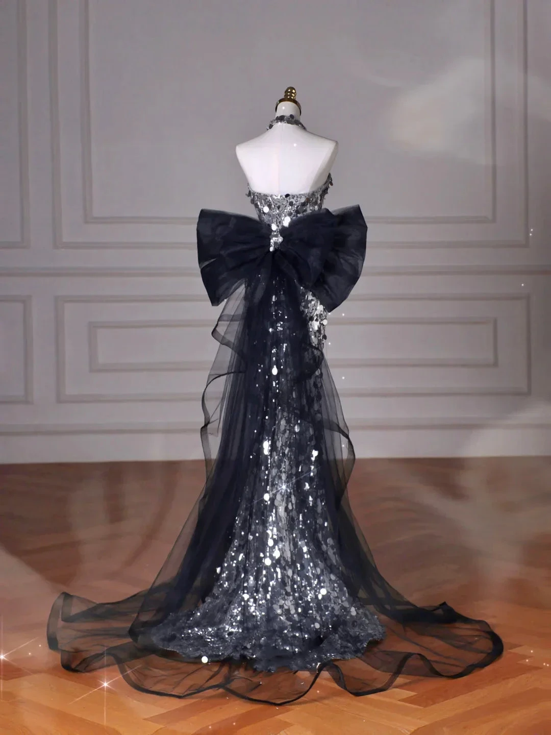 Black Glitter Sequins Tulle Mermaid Prom Dress Strapless Evening Dress With Bow Y8615 by simplepromdress
