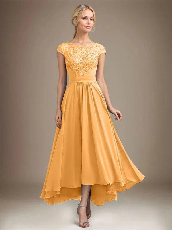 A-line Scoop Illusion Asymmetrical Lace Chiffon Mother of the Bride Dress With Pleated by Dreamylily