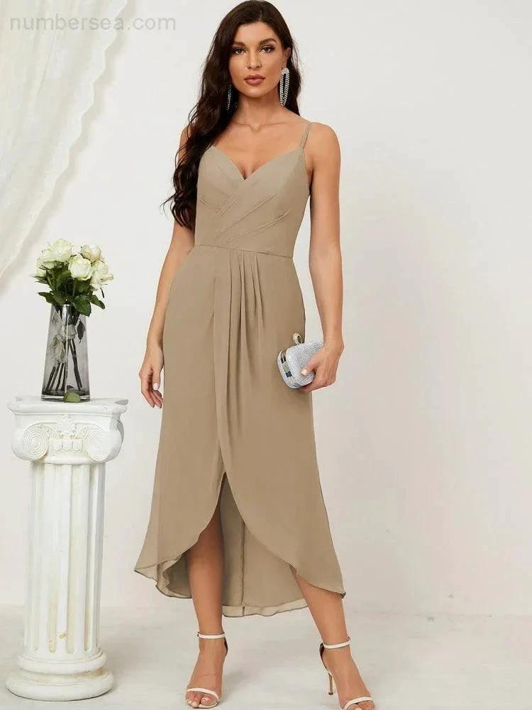 Numbersea Spaghetti Chiffon V Neck Bridesmaid Dress Mid-Length Slit Formal Prom Dress Homecoming Dress 2803 by numbersea