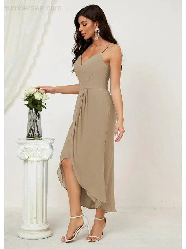 Numbersea Spaghetti Chiffon V Neck Bridesmaid Dress Mid-Length Slit Formal Prom Dress Homecoming Dress 2803 by numbersea