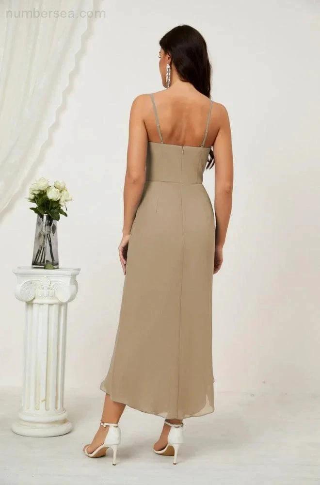 Numbersea Spaghetti Chiffon V Neck Bridesmaid Dress Mid-Length Slit Formal Prom Dress Homecoming Dress 2803 by numbersea