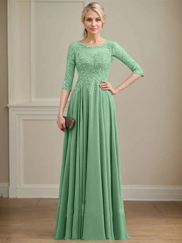 A-line Scoop Illusion Floor-Length Lace Chiffon Mother of the Bride Dress With Sequins by Dreamylily