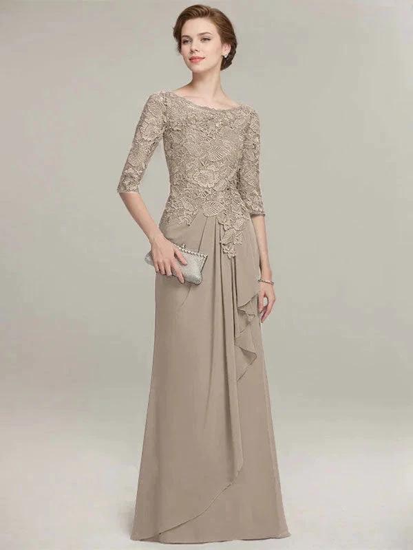 A-line Scoop Illusion Floor-Length Lace Chiffon Mother of the Bride Dress With Cascading Ruffles by Dreamylily