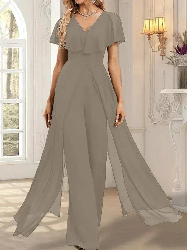 Jumpsuit/Pantsuit V-Neck Floor-Length Chiffon Evening Dress by Dreamylily