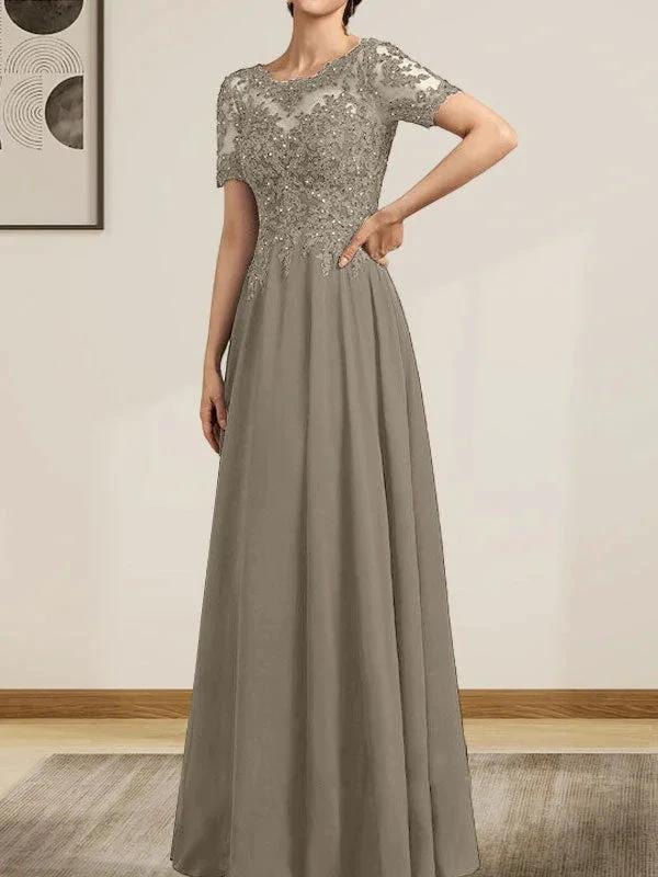 A-line Scoop Illusion Floor-Length Chiffon Lace Mother of the Bride Dress With Sequins Beading by Dreamylily