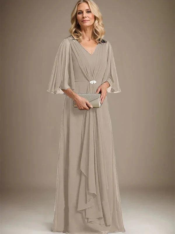 A-line V-Neck Floor-Length Chiffon Mother of the Bride Dress With Cascading Ruffles Crystal Brooch by Dreamylily