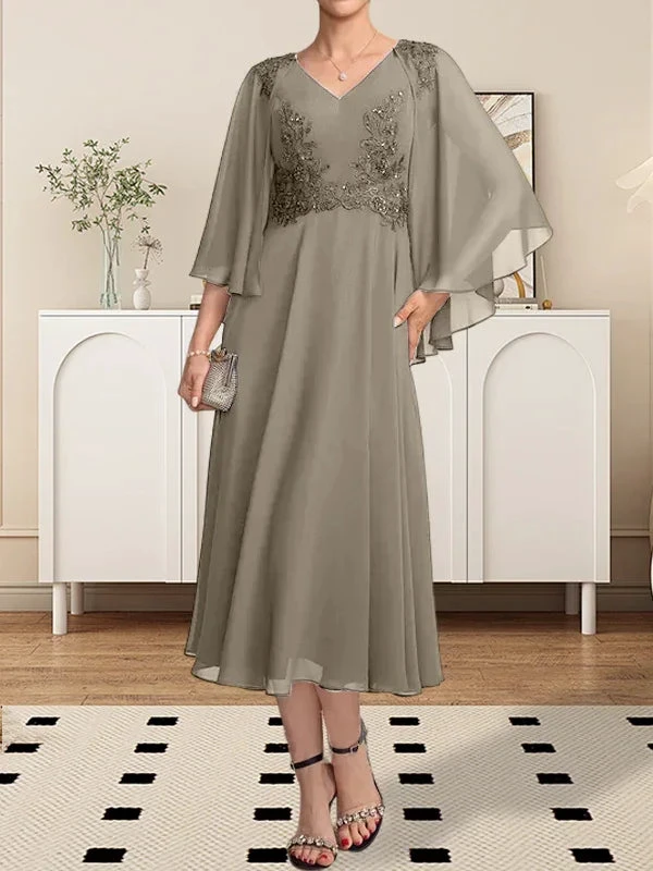 A-line V-Neck Tea-Length Chiffon Lace Mother of the Bride Dress With Beading Sequins by Dreamylily