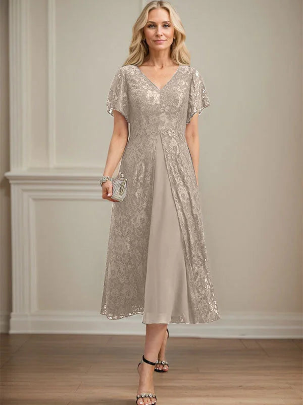 A-line V-Neck Tea-Length Lace Chiffon Mother of the Bride Dress by Dreamylily