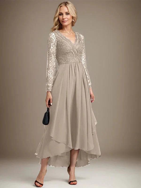 A-line V-Neck Asymmetrical Lace Chiffon Mother of the Bride Dress by Dreamylily