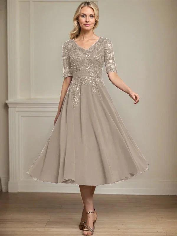 A-line V-Neck Tea-Length Lace Chiffon Mother of the Bride Dress With Sequins by Dreamylily