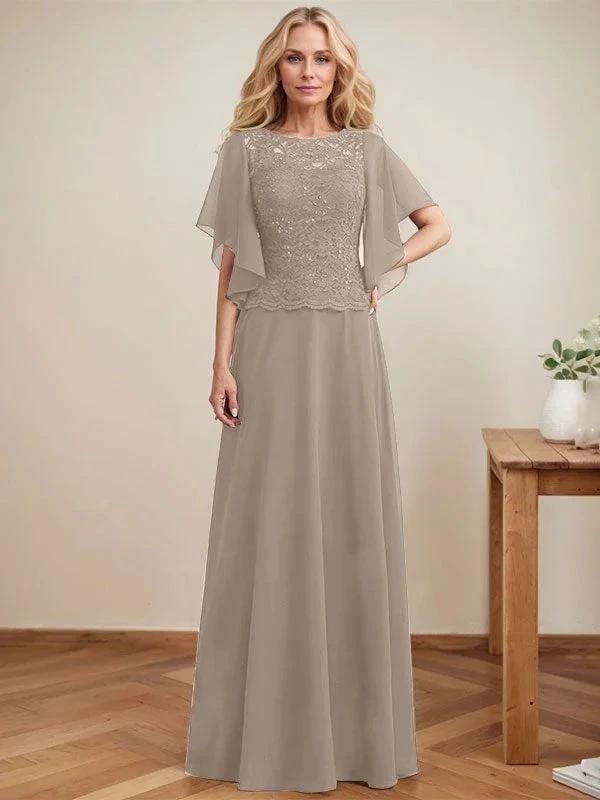 A-line Scoop Illusion Floor-Length Lace Chiffon Mother of the Bride Dress With Sequins by Dreamylily