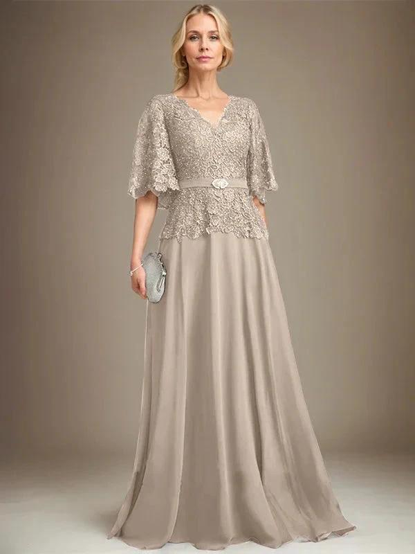 A-line V-Neck Floor-Length Chiffon Lace Mother of the Bride Dress With Crystal Brooch Rhinestone by Dreamylily