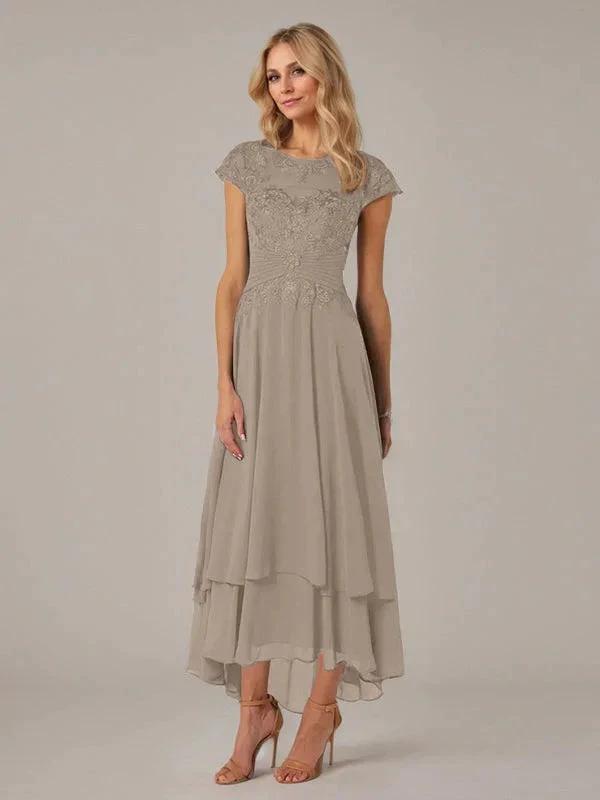 A-line Boat Neck Illusion Asymmetrical Chiffon Lace Mother of the Bride Dress With Applique Pleats by Dreamylily
