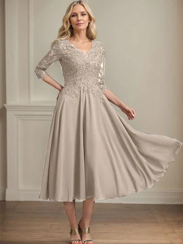 A-line V-Neck Tea-Length Chiffon Lace Mother of the Bride Dress With Beading Sequins by Dreamylily