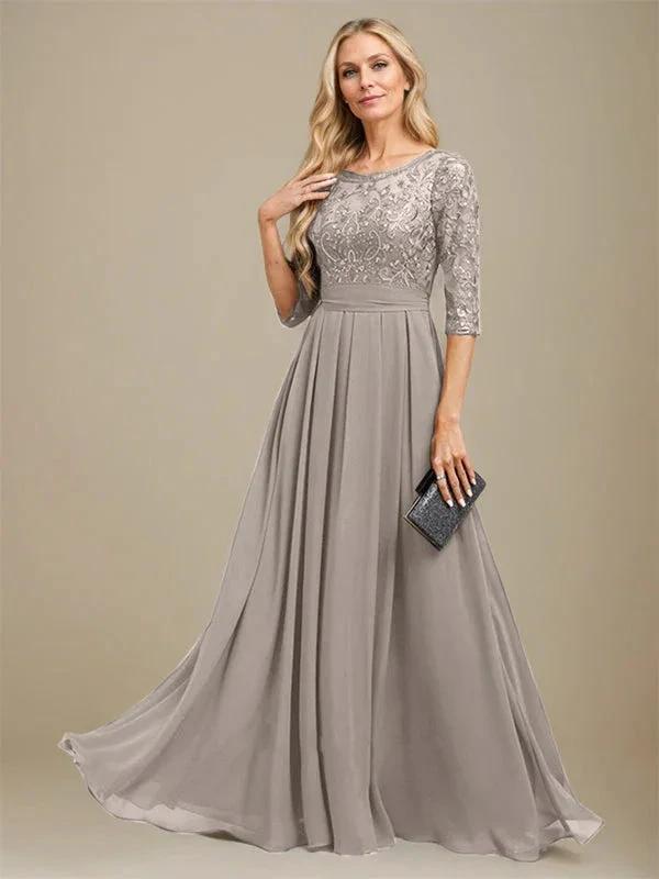 A-Line Scoop Floor-Length Lace Chiffon Mother Of the Bride Dress With Sequins Applique by Dreamylily