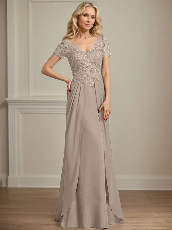 A-line V-Neck Floor-Length Chiffon Lace Mother of the Bride Dress by Dreamylily