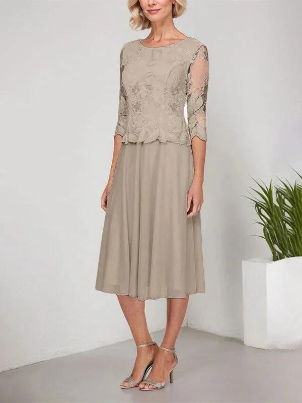 A-line Scoop Tea-Length Lace Chiffon Mother of the Bride Dress With Embroidery by Dreamylily