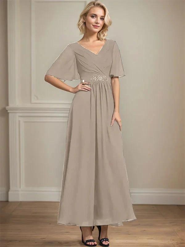 A-line V-Neck Ankle-Length Chiffon Mother of the Bride Dress With Pleated Beading Sequins by Dreamylily