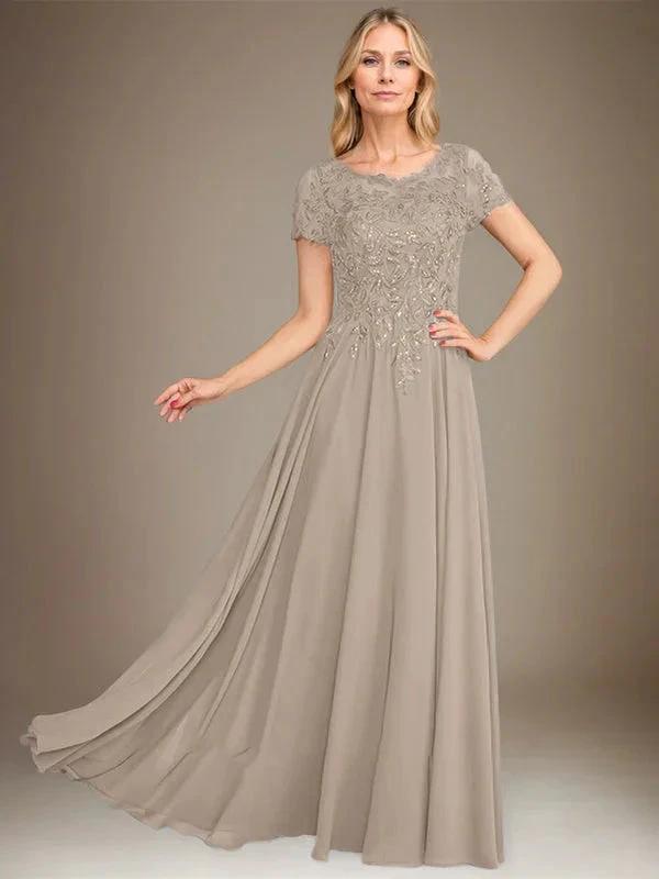 A-Line Scoop Floor-Length Chiffon Mother of the Bride Dress With Applique &amp; Sequins by Dreamylily