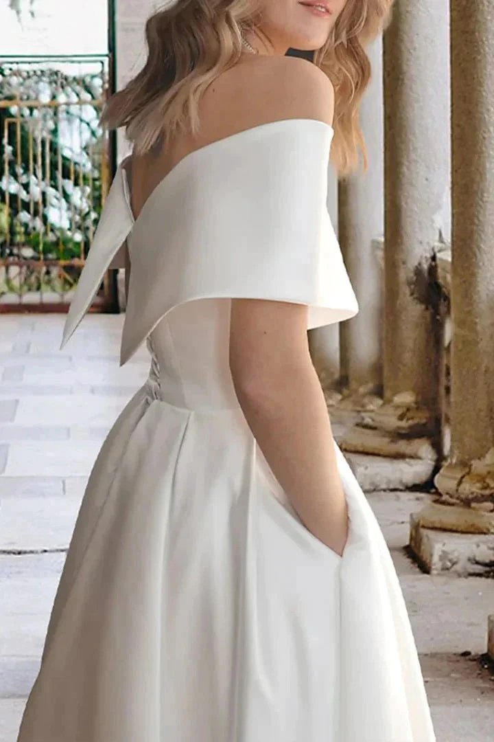 Tea Length Off The Shoulder Beach Satin Wedding Dress with Pockets WD680 by pgmdress