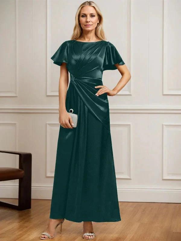 A-line Scoop Ankle-Length Stretch Satin Mother of the Bride Dress With Pleated Beading by Dreamylily