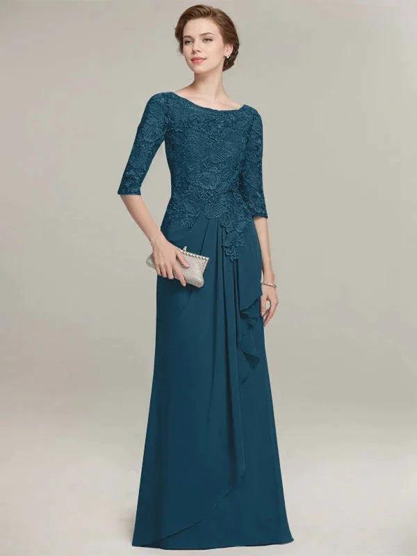 A-line Scoop Illusion Floor-Length Lace Chiffon Mother of the Bride Dress With Cascading Ruffles by Dreamylily