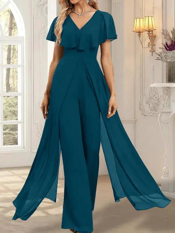 Jumpsuit/Pantsuit V-Neck Floor-Length Chiffon Evening Dress by Dreamylily