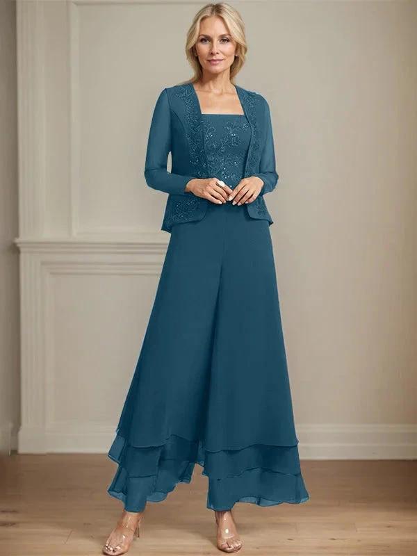 Separates Jumpsuit/Pantsuit Square Ankle-Length Lace Chiffon Mother of the Bride Dress With Sequins by Dreamylily