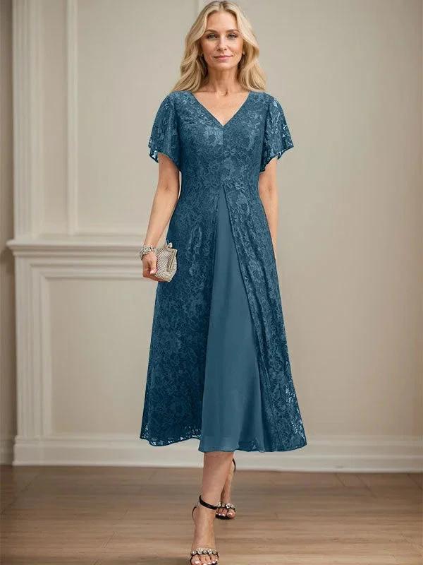 A-line V-Neck Tea-Length Lace Chiffon Mother of the Bride Dress by Dreamylily