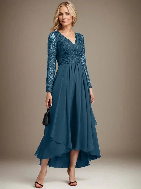 A-line V-Neck Asymmetrical Lace Chiffon Mother of the Bride Dress by Dreamylily