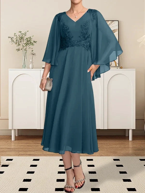A-line V-Neck Tea-Length Chiffon Lace Mother of the Bride Dress With Beading Sequins by Dreamylily