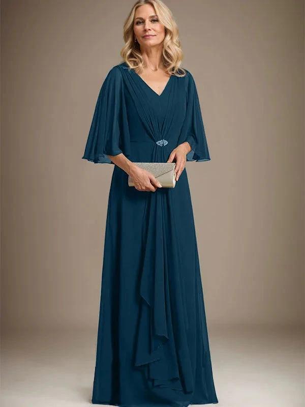 A-line V-Neck Floor-Length Chiffon Mother of the Bride Dress With Cascading Ruffles Crystal Brooch by Dreamylily