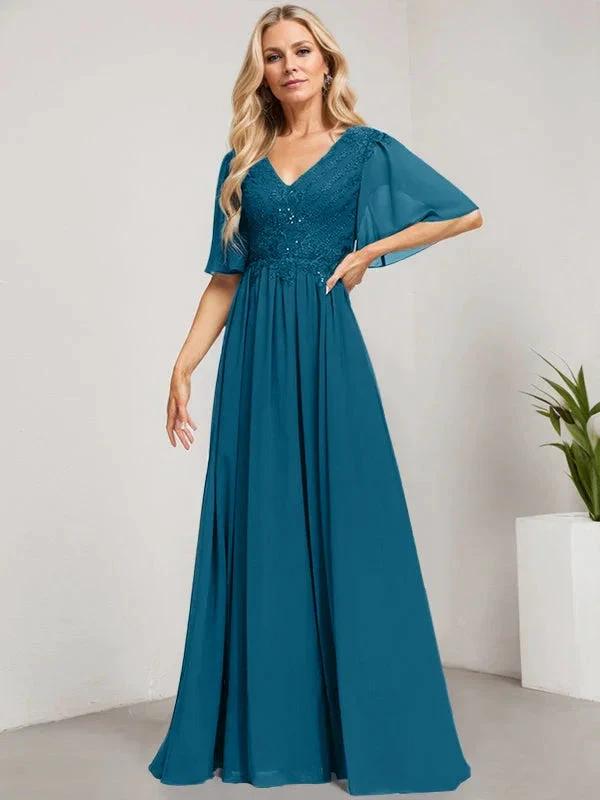 A-line V-Neck Floor-Length Lace Chiffon Mother of the Bride Dress With Sequins by Dreamylily
