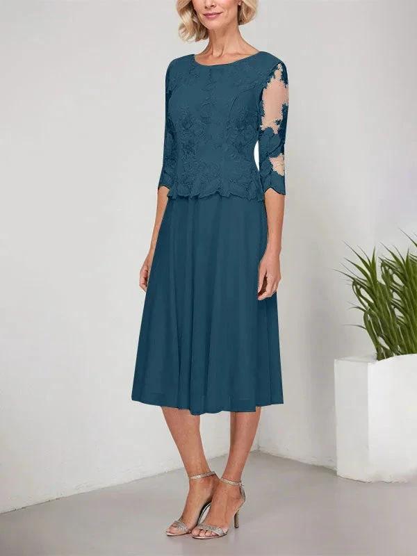 A-line Scoop Tea-Length Lace Chiffon Mother of the Bride Dress With Embroidery by Dreamylily