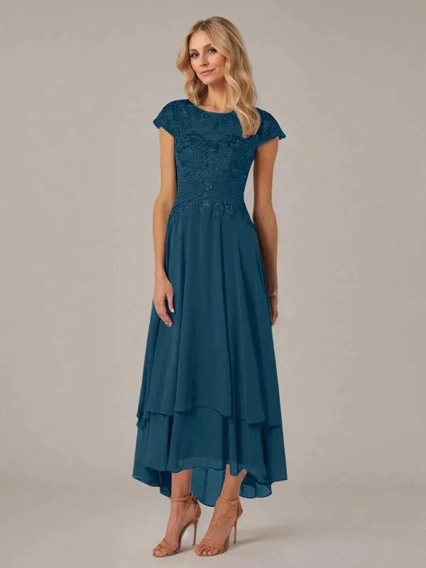 A-line Boat Neck Illusion Asymmetrical Chiffon Lace Mother of the Bride Dress With Applique Pleats by Dreamylily