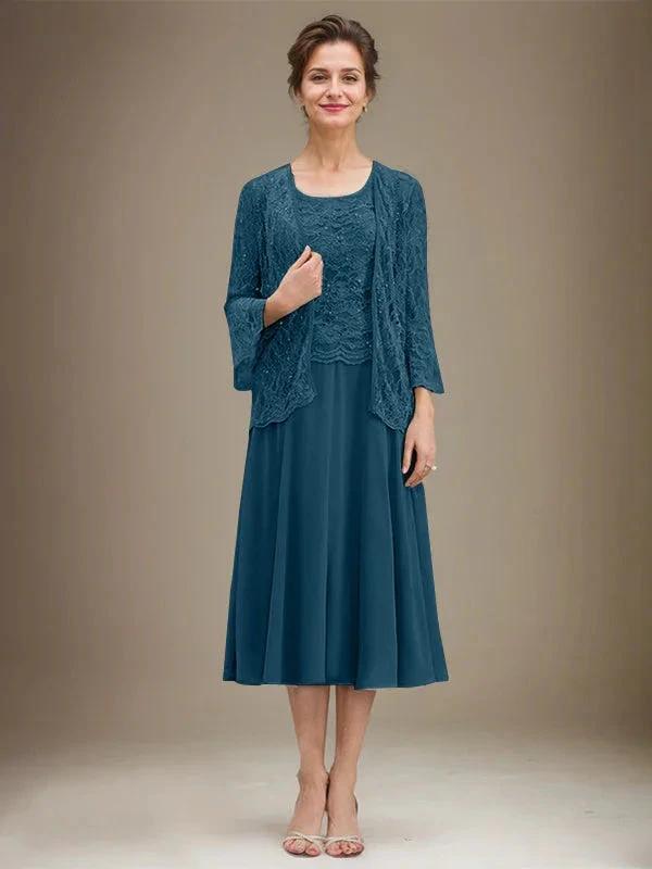 A-line Scoop Tea-Length Lace Chiffon Mother of the Bride Dress With Sequins by Dreamylily