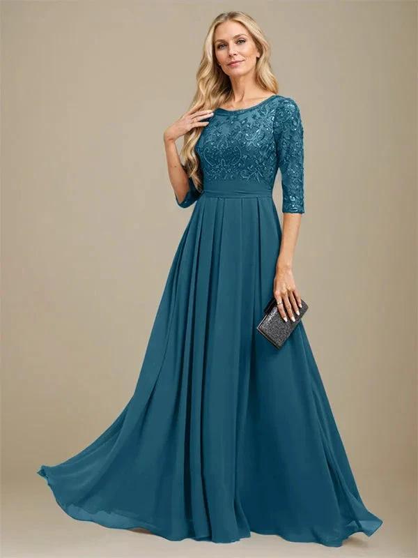 A-Line Scoop Floor-Length Lace Chiffon Mother Of the Bride Dress With Sequins Applique by Dreamylily