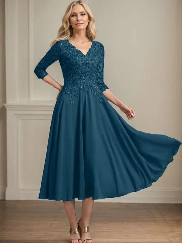 A-line V-Neck Tea-Length Chiffon Lace Mother of the Bride Dress With Beading Sequins by Dreamylily