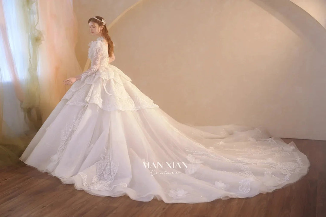 Regal Ivory High-Neck Lace Ball Gown with Sheer Sleeves, Ruffled Details &amp; Crystal Embroidery A006 by ZAPDRESS