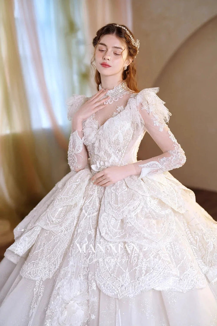 Regal Ivory High-Neck Lace Ball Gown with Sheer Sleeves, Ruffled Details &amp; Crystal Embroidery A006 by ZAPDRESS